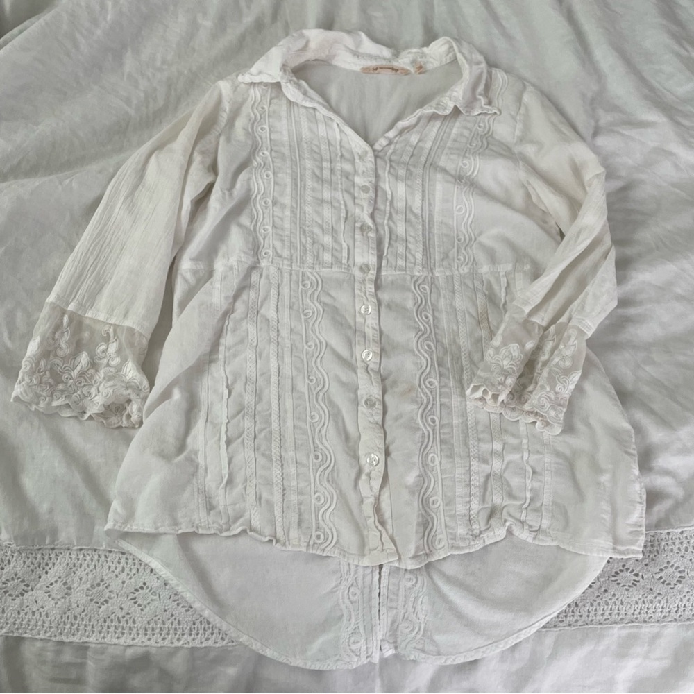Soft Surroundings MEDIUM White Bell Sleeve Boho Blouse Top lace